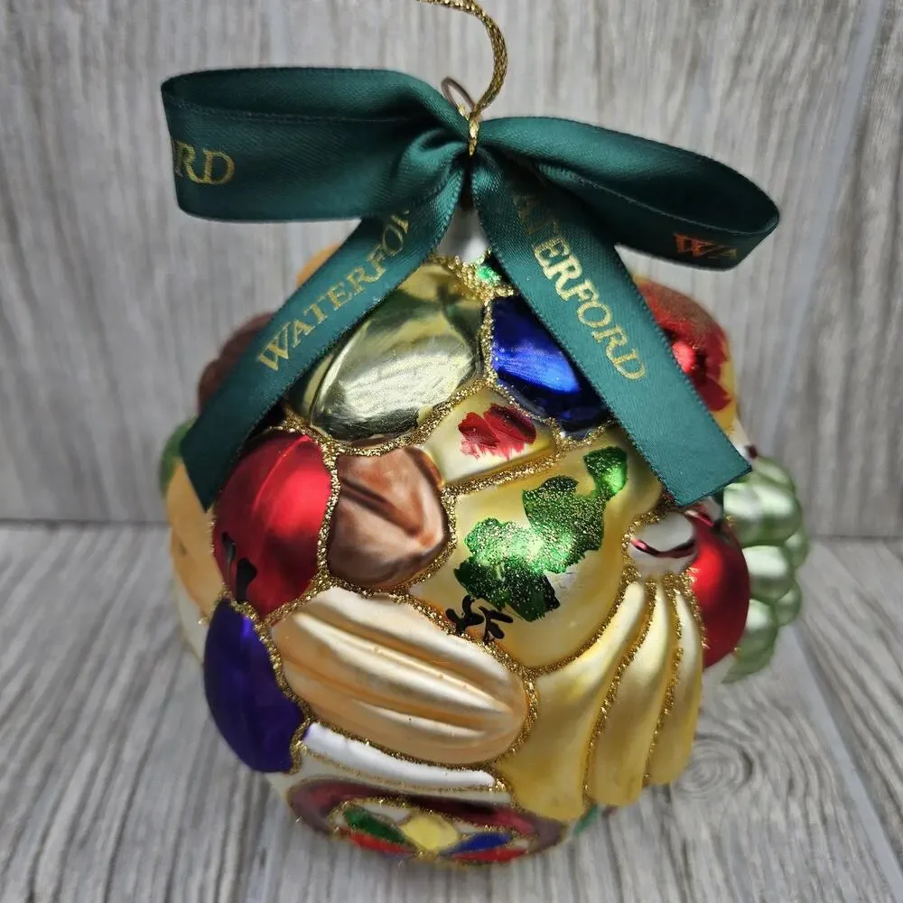 Waterford Glass Ornament Fruit Bowl Hand Painted Holiday Decor Ribbon 5 Inch Art